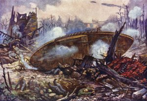 Arthur Inglis százados, a Gloucester ezredtől, amint harckocsiját nagyon nehéz terepen viszi előre, miután az egyik kereke felrobbant, I. világháború